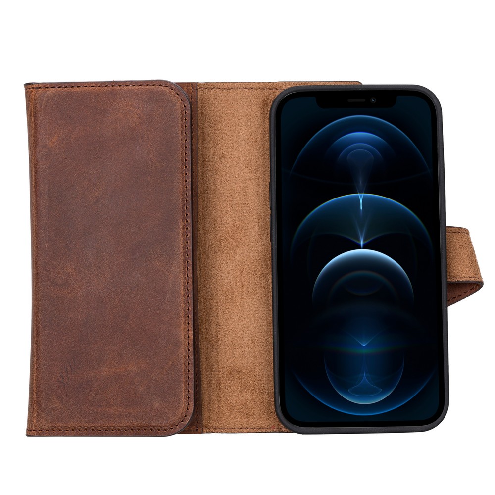 Apple iPhone 13 Mini Uyumlu Deri Cüzdanlı Kılıf Santa G2 Kahve - Görsel 5