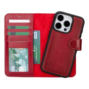 Cüzdan Taşıma Derdi Olmadan – iPhone 16 Pro Uyumlu Hakiki Deri El Yapımı Kart Yuvalı Kılıf (Gölgeli Kırmızı)