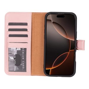 Cüzdan Taşıma Derdi Olmadan – iPhone 16 Pro Uyumlu Hakiki Deri El Yapımı Kart Yuvalı Kılıf (Toz Pembe)